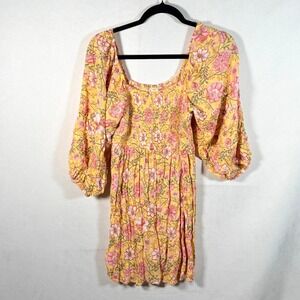 Billabong VTG Yellow Floral Mini Smocked Dress Puff Slv babydoll coquette y2k S